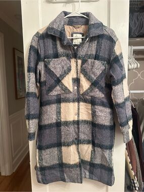 Abercrombie & Fitch Plaid Trench Coat - Blue & Cream